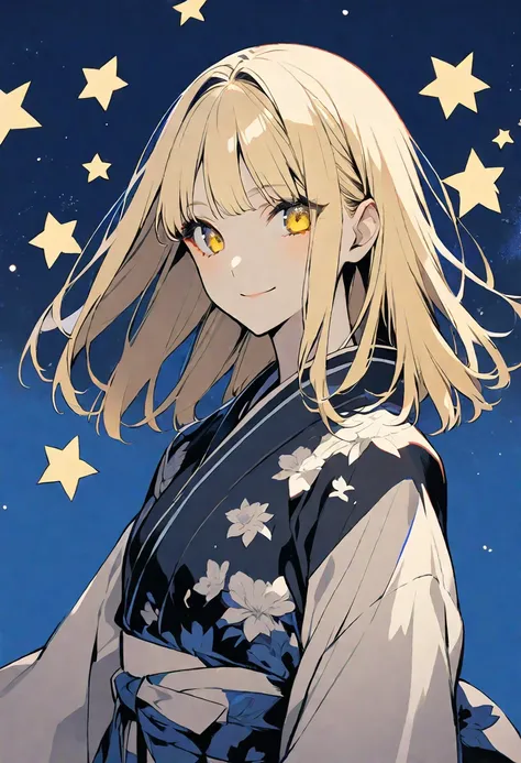 solo,handsome, monotone,
1. Female,
,Straight Hair,Bob Hair, Bob, blonde hair, 
Kazuka Nakano ,
yellow eyes,Soft look,beautiful,beautiful,Lolita,Darkness,
smile,skin, yukata,
 ,Star,night sky,
simple background ,
Blue background,