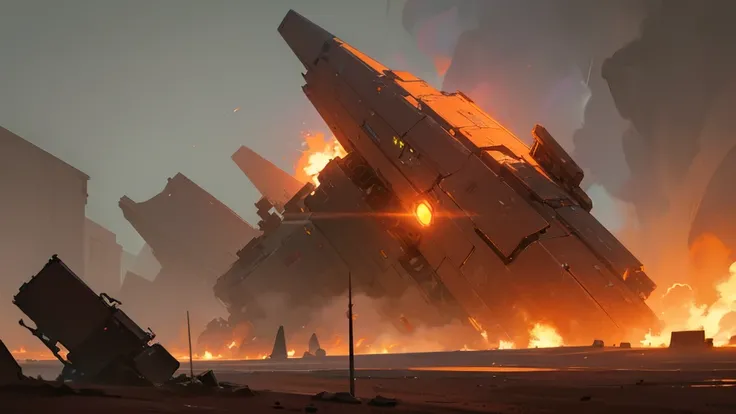 A dramatic crash-landed spaceship on the surface of Mars, with flames and smoke billowing from the wreckage, a dystopian sci-fi landscape, dramatic lighting, cinematic camera angle, highly detailed, award winning digital art, 8k, photorealistic, concept ar...