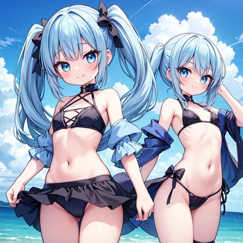 Masterpiece, best quality, ultra detailed, extremely detailed,1girl, evil smiling, looking at viewerery,flat chest,blue hair,twintails,middle hair,sky blue eyes, (((petite))), slim thighs, bikini