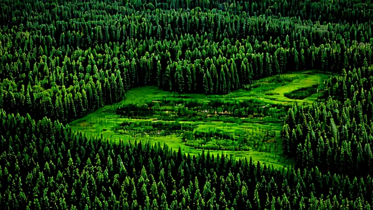 a taiga forest, with the grass floor, with streams