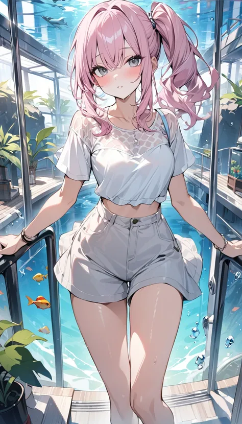 Highest quality　masterpiece　High resolution　masterpiece　Light pink hair　Grey Eyes　side ponytail　Summer casual outfits　in the aquarium