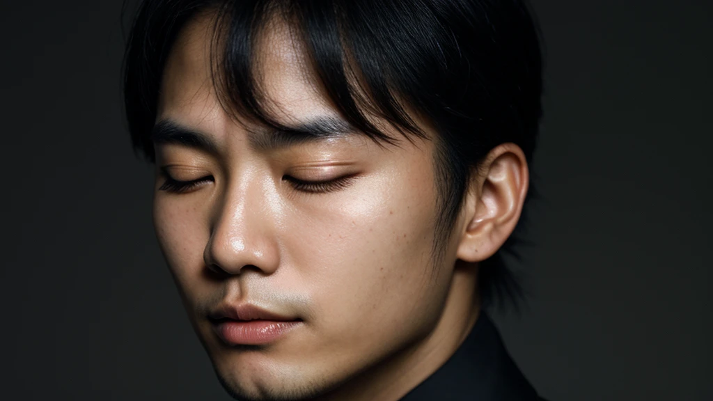 Asian face closeup,closed eyes,elegant men,dark theme, detailed skin, empty background