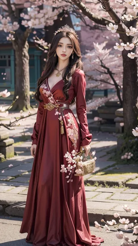 4K, Ultra HD, Masterpiece, 1 girl, (good face:1.4), detailed eyes, very long hair, princess dress, (red dress:1.5), (bare waist:1.2), (wearing jwellery:1.5), (cherry blossom:1.5), (bloom effect:1.5), Detailed Fantasy Art, Stunning Character Art, beautiful ...