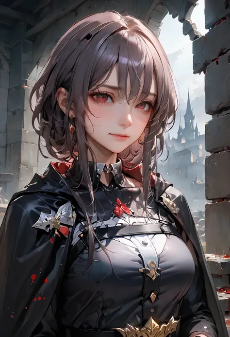 girl，黑色Face masks，Looking into the distance from the castle，alone，masterpiece，Highest quality，Gray Hair，Golden Eyes，Darkening，dark，Shadow Thing，douchebag，sneer，Looking down，Black Shadow，Black viscous liquid，dark，Black belly，Stable，Face masks，Cape，girl，mast...