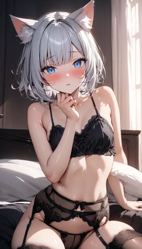 (((best quality)), ((masterpiece)), (details), masterpiece, best quality, high quality, ulutra detailed, perfect face, ((1girl, blue eyes, cat ears: 1.3 silver bob hair: 2.5,)) 、Shiny Hair、Glowing Skin、blush、Lustful look、Small breasts、Bedroom、Black lace ca...