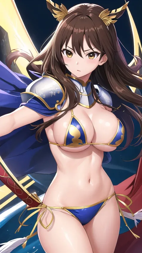 Art inspired by Masamune Shirow,  Armor Girl, Bikini Armor, Bikini Armor, Bikini Armor female knight, Bikini Armor, tits, Knight Girl, tits、Intense movement,topless, White thighs,Vertical belly button、Skin radiance,Brown hair