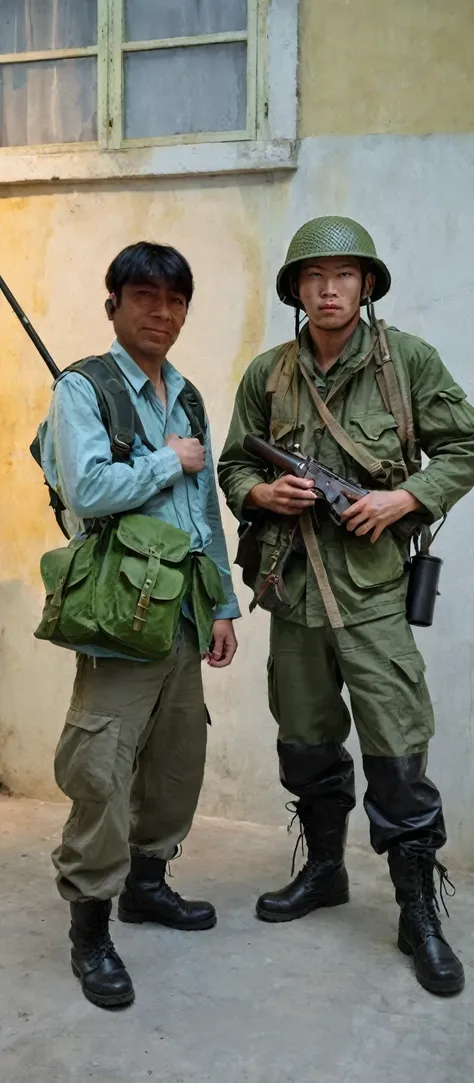 Man wearing steel pot and chinstrap, wear cotton and nylon jacket OG- 107 , OG-107 6-pocket pants, jacket with 4 pockets and button closure, He has black leather jungle boots, rubber sole and laces, The man carries and has Canteen Dressed with Belt, school...