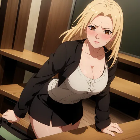 masterpiece, best quality, high resolution, 1 girl, Side lighting, masterpiece, best quality, high resolution, Tsunade,（ White ,Half body，在classroom的桌子上，Beautiful brown eyes, Beautiful lips,Medium breasts,blush，），（（blush，nervous，Vision，classroom，bookshelf，...