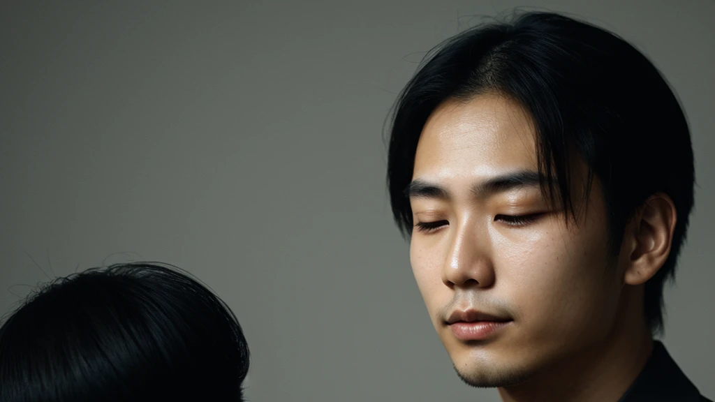 Asian face closeup,closed eyes,elegant men,dark theme, detailed skin, empty background