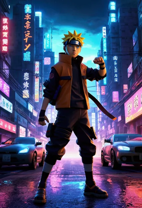 Naruto, anime boy, cyberpunk style, fighting pose, road, neon city, futuristic buildings, robotic animal companion, glowing energy effects, moody lighting, highly detailed, cinematic, photorealistic