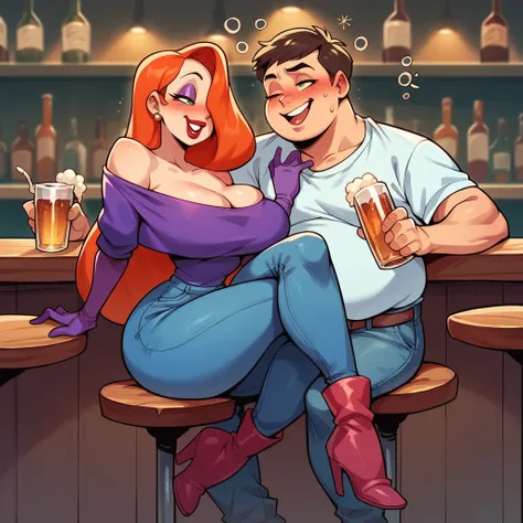 Jessica rabbit is talking to a fat young man in a bar, she is wearing a top and jeans and long boots, he is wearing a shirt and jeans, she is drunk