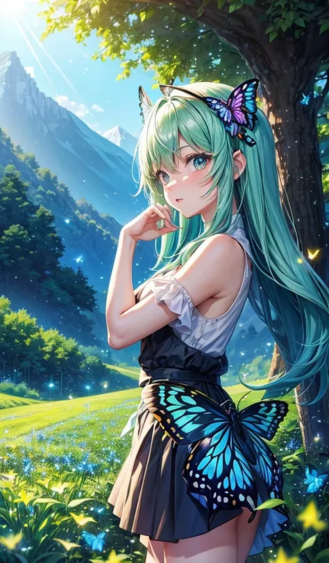 anime inspired greenery alps with bright blue sky and bright sun (glowing fireflies and butterfiles )(greenery view)(bright blue shinning sky)(night view)(borkeh effect)(far view)