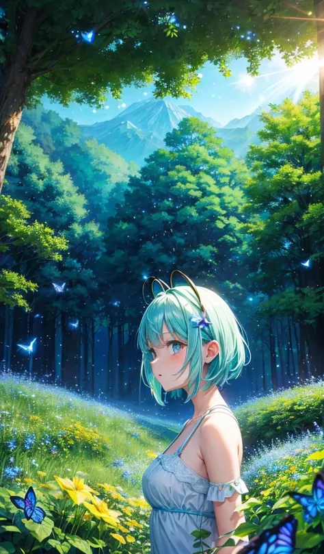 anime inspired greenery alps with bright blue sky and bright sun (glowing fireflies and butterfiles )(greenery view)(bright blue shinning sky)(night view)(borkeh effect)(far view)