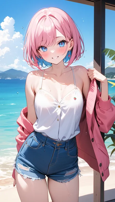 (1 girl),(Best Picture Quality, 8K, Masterpiece:1.3), (high school student:1.5), ((pink lob hair:1.1)), (bob cut),(swept bangs), (cute eyes, pupil black, iris skyblue, youthful face), (mole under right eye), (standard weight), (small breasts), (glistening ...