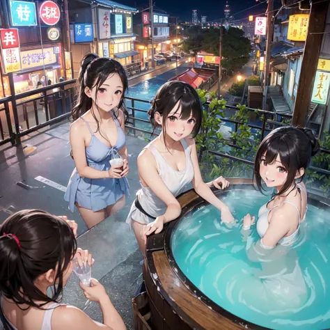 (masterpiece、Highest quality)、(Photorealistic photography)、1 picture、(日本のUnsanitary and dim地下街、地下へ行く石のstage)、((Beautiful night view))、(Japan favelas、Old and dirty hot spring town)、((Big bath、Underground hot spring facilities、石のstage))、(middle School girls３...