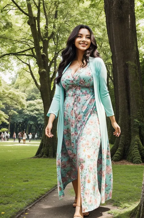 Position: Walking through a lush, green park, smiling brightly.
Clothes: A flowing, floral summer dress with a light cardigan.
Place: A vibrant park with blooming flowers and tall trees.
Details: Her black, long, thick hair flows freely in the breeze, addi...