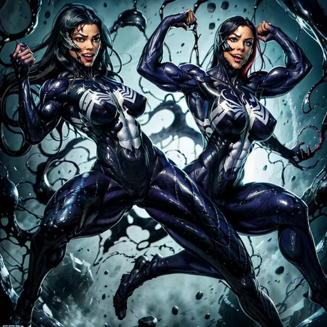 Venom,  she-venom,  symbiote,  female,  woman,  femenine,  muscular,  muscular female,  abs,  biceps,  breasts 