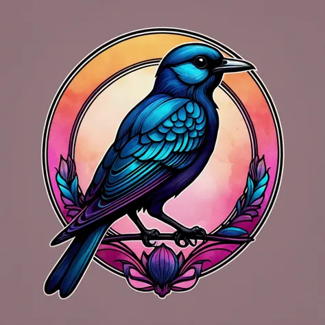 "Logo of a bird "Paradisaea raggiana"; shading and gradients, Art Nouveau, vibrant colors and synthwave. Vector design, central composition, smooth background, -air 1:1. Watercolor logo style with 3D puff printing effect. Dark colors and strong, monochroma...