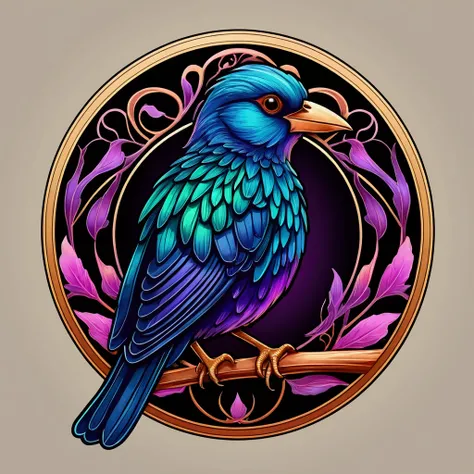 "Logo of a bird "Paradisaea raggiana"; shading and gradients, Art Nouveau, vibrant colors and synthwave. Vector design, central composition, smooth background, -air 1:1. Watercolor logo style with 3D puff printing effect. Dark colors and strong, monochroma...