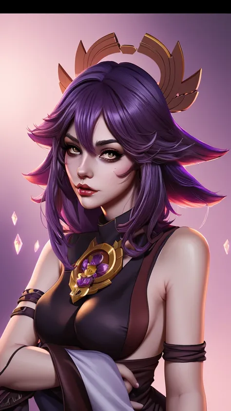 woman with purple hair and a cat ear, a character portrait inspired by WLOP, trending on Artstation, fantasy art, extremely detailed artgerm, samira from league of legends, league of legends character, attractive cat girl