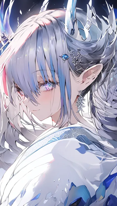 ((best quality)), ((masterpiece)), ((ultra-detailed)), (illustration), (detailed light), (an extremely delicate and beautiful), a girl, solo, (beautiful detailed eyes), blue dragon eyes, (((Vertical pupil))), two-tone hair:blue and white, shiny hair, color...