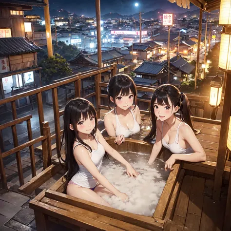 (masterpiece、Highest quality)、(Photorealistic photography)、1 picture、(日本のUnsanitary and dim地下街、地下へ行く石のstage)、((Beautiful night view))、(Japan favelas、Old and dirty hot spring town)、((Big bath、Underground hot spring facilities、石のstage))、(middle School girls３...