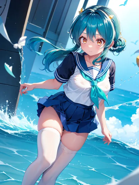 (1 Girl),(high quality), (High resolution), (Very detailed), (8K),(Demolition paperback correct)、Urusei Yatsura、Ram-chan、((White and navy blue sailor suit))、Navy blue pleated skirt、Cute Panties、((Focus on the whole body))、Nipple Shape、((Black knee-high sto...