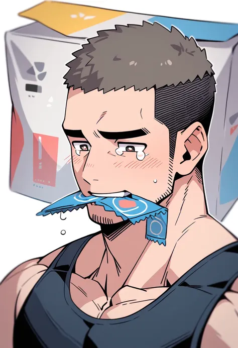 anime characters：Priapus, Muscle Sports Student, Buzz Cut, Manliness, male focus, Sports tight hooded sweatshirt, Very tight, full and perky chest muscles, muscular male, muscular, only, Upper body, alone, Black short hair, Thick eyebrows, stubble, Brown-r...