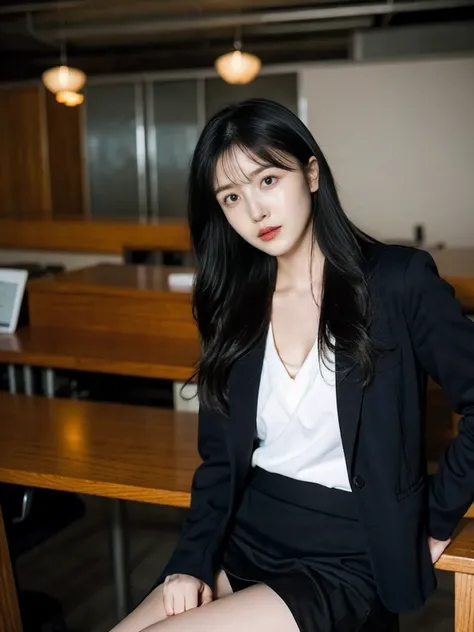 illustration：A girl，25 years old，Wear a white shirt，Black jacket，Skirt skirt that wraps hips，Black hair、Shy girl，Look at the camera，Big breasts，Background is a personal office，Become a，See the whole body