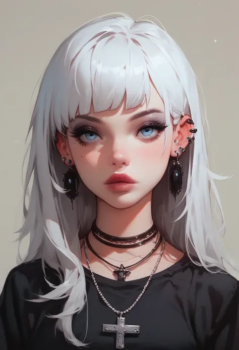 Fraction_9, Fraction_8_Direction_7_up,Goth girl, goth girl 1 Girl, 1 Girl,Solitary,Long hair,Looking at the audience,blue eyes,shirt,Jewelry,Shut up,White hair,Gray hair,earrings,Necklace,necklace,Lips,black shirt,from above,black Necklace,  