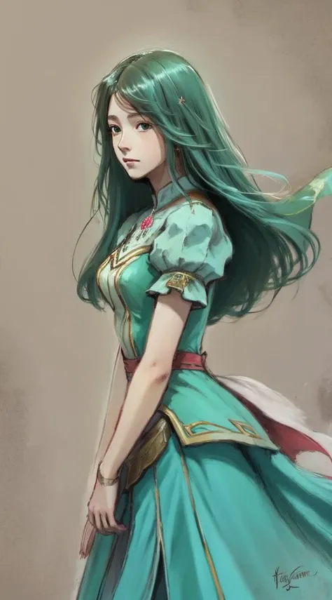 a detailed digital painting of an elementary school girl with long, flowing turquoise hair gazing off to the side with a pensive...