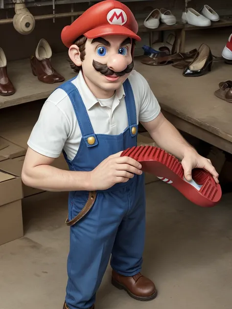 Super Mario working in a shoe factory