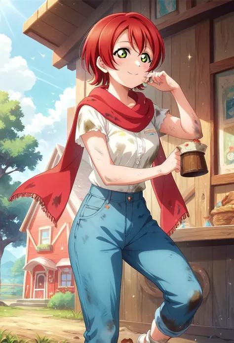 masterpiece, best quality,rin hoshizora, red scarf , dirty, red hair, green eyes, love live style,official art,country house, bl...