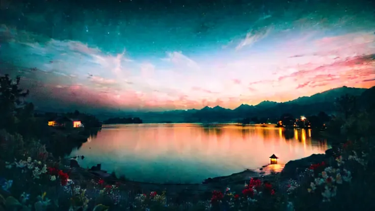 first person view, a lake, a house near the lake, the night, fire flies, flowers, moonligh, clouds