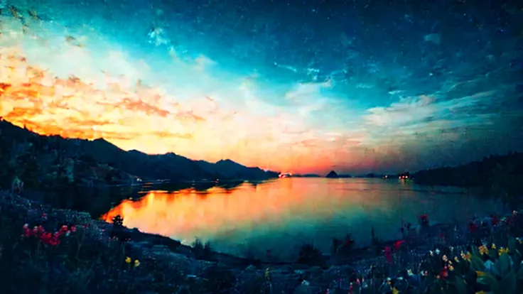 first person view, a lake, a house near the lake, the night, fire flies, flowers, moonligh, clouds