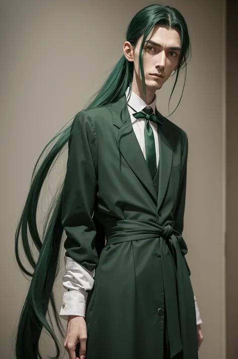 Tall and thin man, with a tired appearance, with long dark green hair tied by a ribbon 