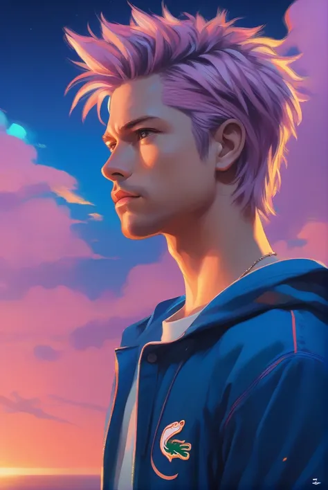 Anime-style 2.5D tom pasrel óleo portrait with a pastel oil painting effect Sasuke + Brad Pitt cinematic vibrant neon lighting, close-up on a character with detailed shaven head backdrops, piercingly detailed mel  big eyes with bright pupils, portrayed in ...