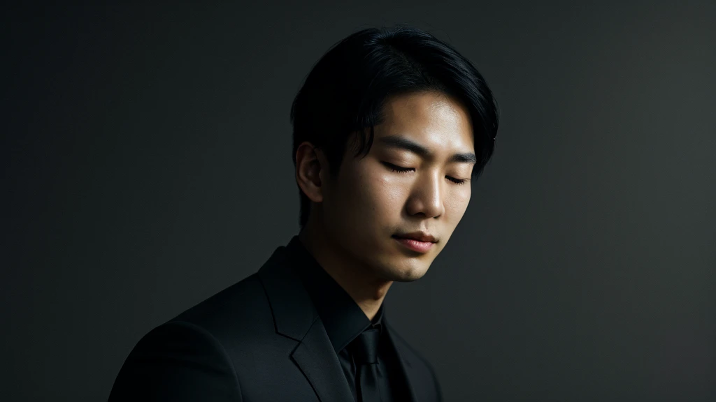 Asian face closeup,closed eyes,elegant men,dark theme, detailed skin, empty background