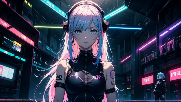 close up, 1 girl, standing alone, [dark blue and pink hair: blue and pink hair:0.2], cyber punk, hightech, in, mechanical parts,...