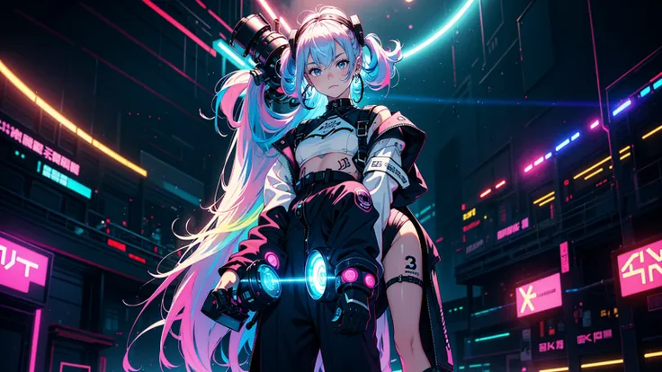 close up, 1 girl, standing alone, [dark blue and pink hair: blue and pink hair:0.2], cyber punk, hightech, in, mechanical parts, Looking at the audience, blackw eyes, long hair, Super Tech Womens Luminous Laser Overalls, cyber punk mechanical body parts, w...