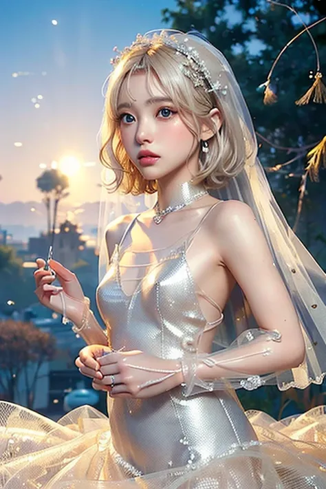 8K,Confused, High resolution, Very detailed, 1 Girl, alone, Very beautiful eyes, Ultra-precise depiction, Very detailed depiction, (Tangled:1.2 , (Abstract background:1.5 (Wedding dress:1.2 See-through、Short platinum blonde, (Shiny skin), Many colors, , (S...