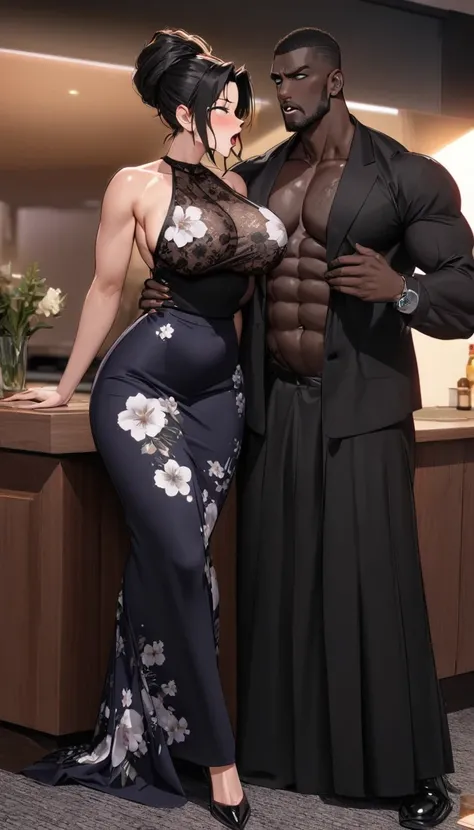 (1 young black man), (1 asian mature woman), (Duet), A woman seduces a young blackman，（strong and naked black man，short pants，muscle body，bodybuilder），（a young woman with big breasts，narrow waist，bare shoulders，(long skirt dressed, floral print, naked）, Eu...