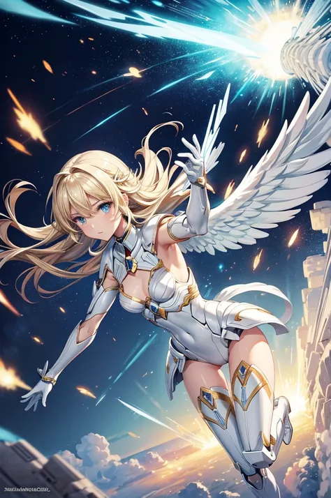 masterpiece,best quality,Very detailed,Angel fighting in the sky,fully armed,Blonde,Beautiful and delicate eyes,Skinny,Small Breasts,Beautiful white wings,White mecha armor, whole body,battlefield,Dynamic perspective and poses,Behind the Explosion