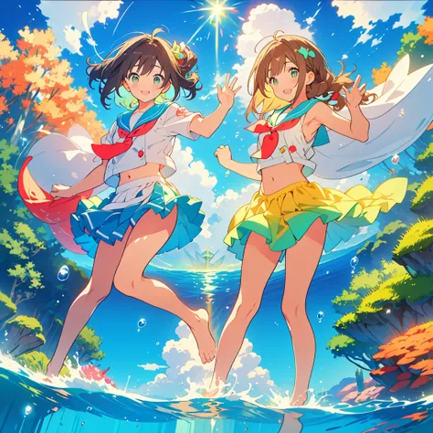 kawaii, anime, Cute, hyper quality, highly detailed, 8k, Front facing, Clarity, brown long hair, green eyes, smile, sailor suit, the skirt flaps, In the water, Pose with movement, countless bubbles, wrapped in bubbles, light shines in, underwater, rainbow ...