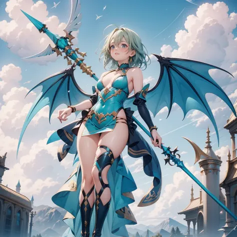 (Turquoise fantasy style) ,(8K),(illusory),Solitary,1 Girl,Yellow hair, Devils Point,Gradient Wing, Practical, best quality, masterpiece, Ultra Detailed, Ultra-high resolution,rest (outdoor),Flying in the sky,moon,spear,Look at the audience,Scary face