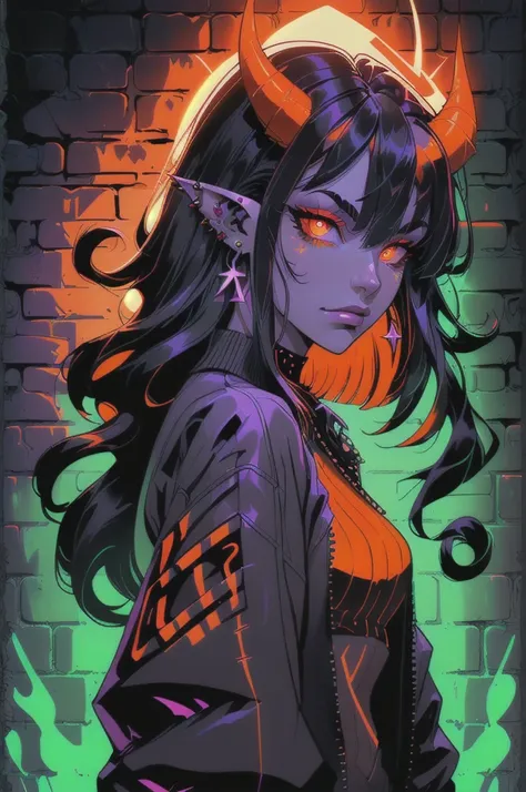 blacklightdskStyle, 1girl, solo, long hair, looking at viewer, bangs, black hair, hair between eyes, jewelry, closed mouth, jacket, upper body, multicolored hair, earrings, horns, pointy ears, from side, orange eyes, glowing, piercing, slit pupils, demon h...