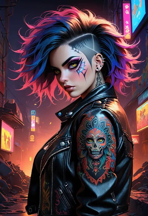 a female punk rocker with large breasts, rebellious and avant-garde, disheveled hair, detailed facial features, extremely detailed eyes and face, long eyelashes, intricate tattoos, multiple piercings, leather jacket, ripped jeans, heavy makeup, dark moody ...