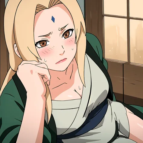 Tsunade , Brown eyes , Blonde hair , Forehead Mark , (8K, RAW photos, best quality, masterpiece:1.2), (Intricate details), Perfect eyes, Perfect face, Perfect lighting, beautiful, (masterpiece:1.2), (best quality:1.2), 1 Girl, White shirt , Denim shorts , ...