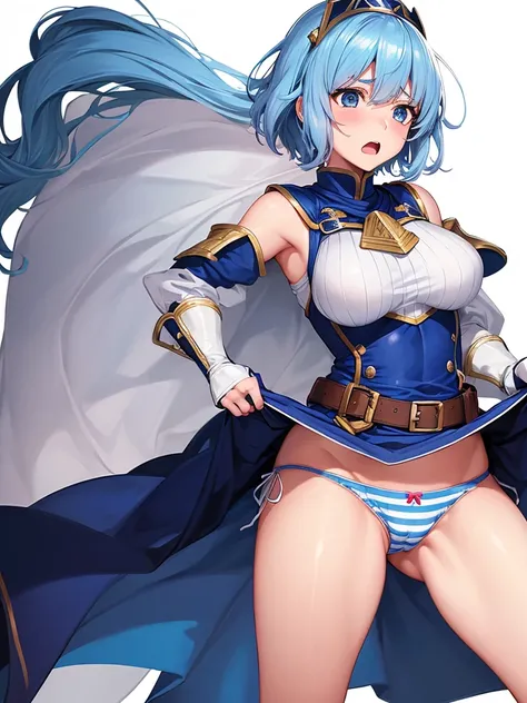 (White background:1.2),1girl,BREAK,Blue Hair, short hair, blue eyes, cute, Narrow waist, small, Toned Up, Large Breasts, Bare shoulders, Red neckerchief, Blue elbow gloves, Blue fingerless gloves, Pauldrons, belt, breastplate, White headband, Short dress, ...