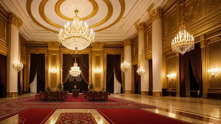 A very spacious and luxurious golden hall with a large chandelier